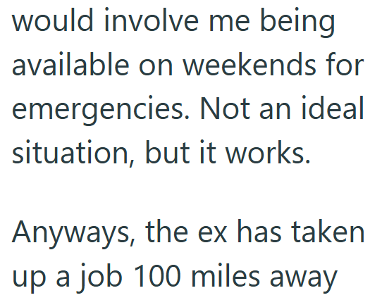 would involve me being available on weekends for emergencies. Not an ideal situation, but it works. Anyways, the ex has taken up a job 100 miles away