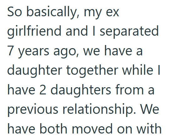 So basically, my ex girlfriend and I separated 7 years ago, we have a daughter together while I have 2 daughters from a previous relationship. We have both moved on with