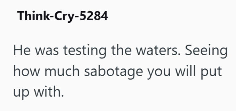 Think-Cry-5284 He was testing the waters. Seeing how much sabotage you will put up with.