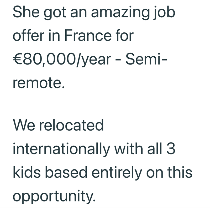 She got an amazing job offer in France for €80,000/year - Semi- remote. We relocated internationally with all 3 kids based entirely on this opportunity.