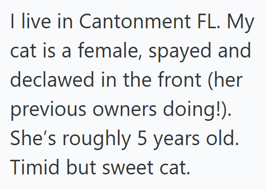 I live in Cantonment FL. My cat is a female, spayed and declawed in the front (her previous owners doing!). She's roughly 5 years old. Timid but sweet cat.