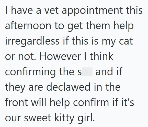 I have a vet appointment this afternoon to get them help irregardless if this is my cat or not. However I think confirming the sand if they are declawed in the front will help confirm if it's our sweet kitty girl.