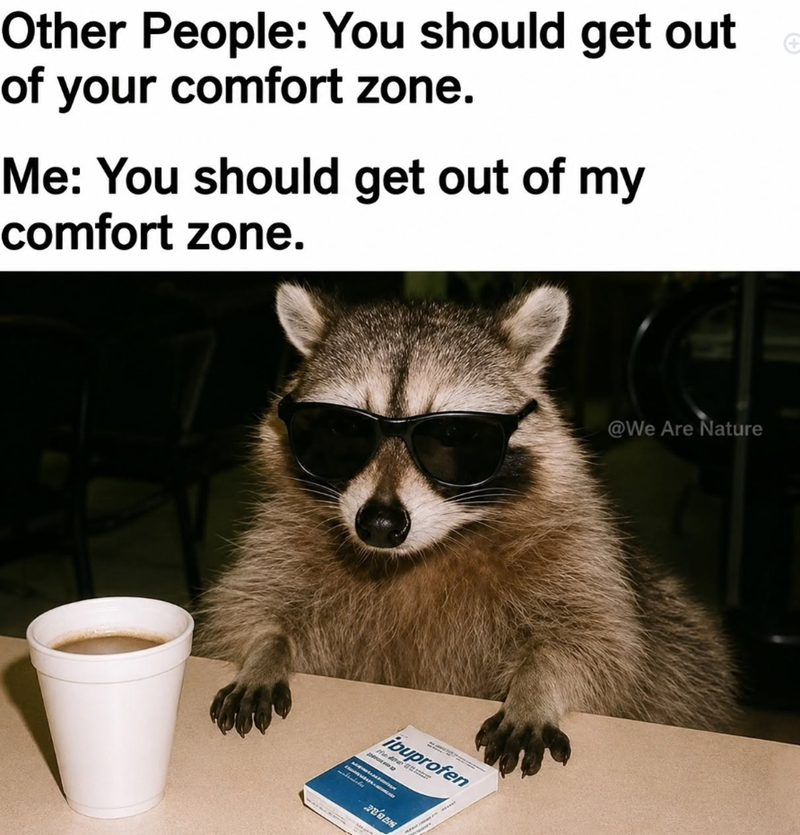 Other People: You should get out of your comfort zone. Me: You should get out of my comfort zone. ibuprofen Mer @We Are Nature