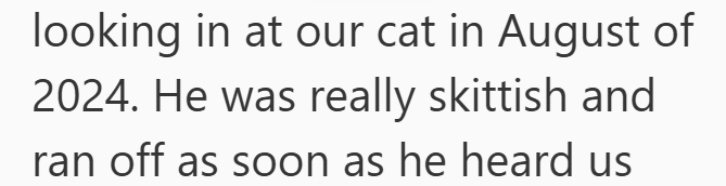 looking in at our cat in August of 2024. He was really skittish and ran off as soon as he heard us