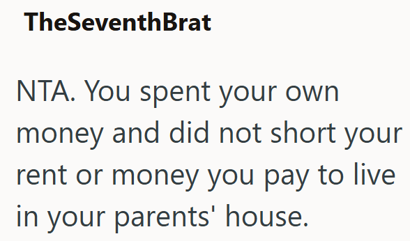 TheSeventhBrat NTA. You spent your own money and did not short your rent or money you pay to live in your parents' house.
