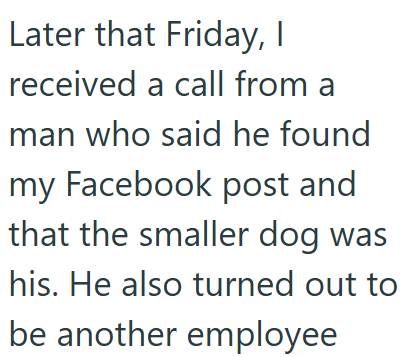 Later that Friday, I received a call from a man who said he found my Facebook post and that the smaller dog was his. He also turned out to be another employee