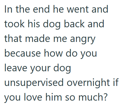 In the end he went and took his dog back and that made me angry because how do you leave your dog unsupervised overnight if you love him so much?