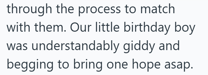 through the process to match with them. Our little birthday boy was understandably giddy and begging to bring one hope asap.