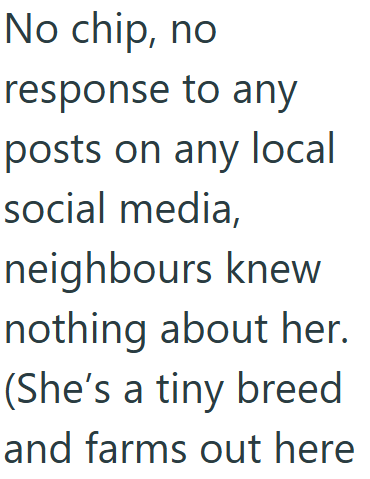 No chip, no response to any posts on any local social media, neighbours knew nothing about her. (She's a tiny breed and farms out here