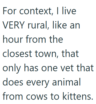 For context, I live VERY rural, like an hour from the closest town, that only has one vet that does every animal from cows to kittens.