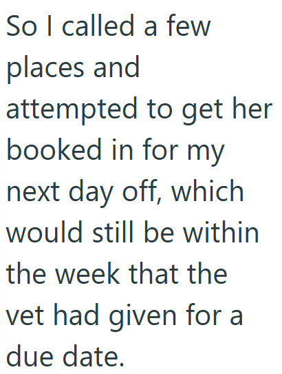 So I called a few places and attempted to get her booked in for my next day off, which would still be within the week that the vet had given for a due date.