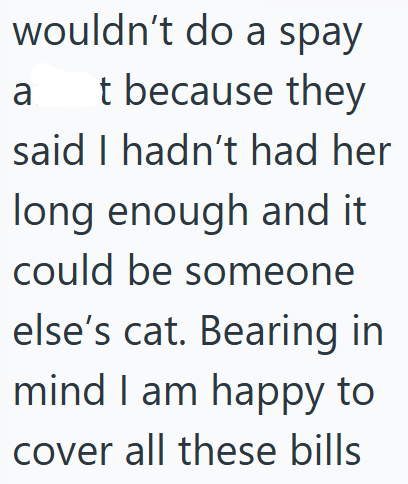 wouldn't do a spay a t because they said I hadn't had her long enough and it could be someone else's cat. Bearing in mind I am happy to cover all these bills