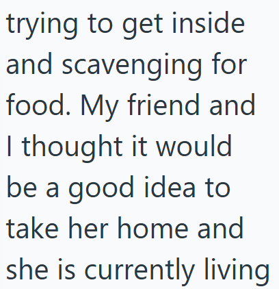 trying to get inside and scavenging for food. My friend and I thought it would be a good idea to take her home and she is currently living
