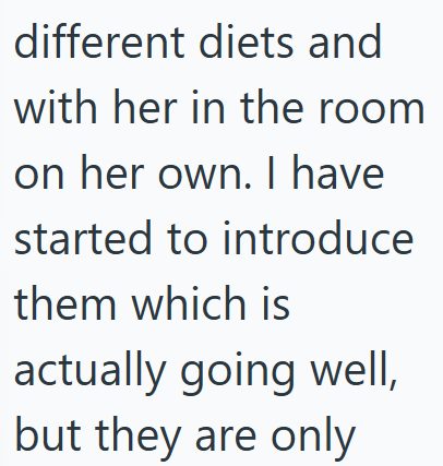 different diets and with her in the room on her own. I have started to introduce them which is actually going well, but they are only