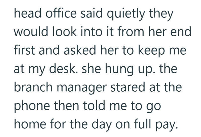 head office said quietly they would look into it from her end first and asked her to keep me at my desk. she hung up. the branch manager stared at the phone then told me to go home for the day on full pay.