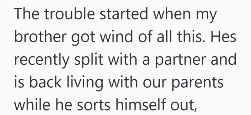 The trouble started when my brother got wind of all this. Hes recently split with a partner and is back living with our parents while he sorts himself out,