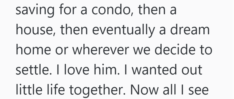 saving for a condo, then a house, then eventually a dream home or wherever we decide to settle. I love him. I wanted out little life together. Now all I see