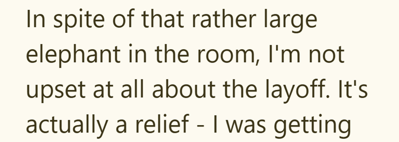 In spite of that rather large elephant in the room, I'm not upset at all about the layoff. It's actually a relief - I was getting