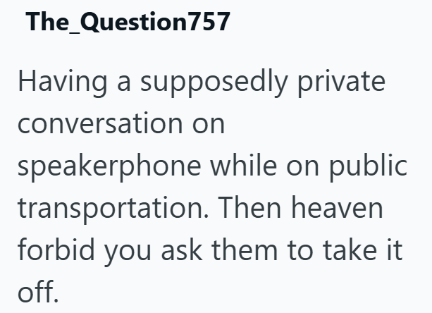 The_Question757 Having a supposedly private conversation on speakerphone while on public transportation. Then heaven. forbid you ask them to take it off.