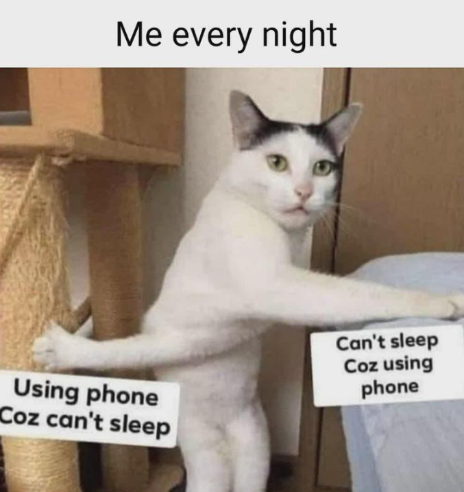 Me every night Using phone Coz can't sleep Can't sleep Coz using phone