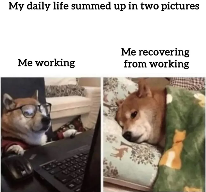 My daily life summed up in two pictures Me recovering Me working from working