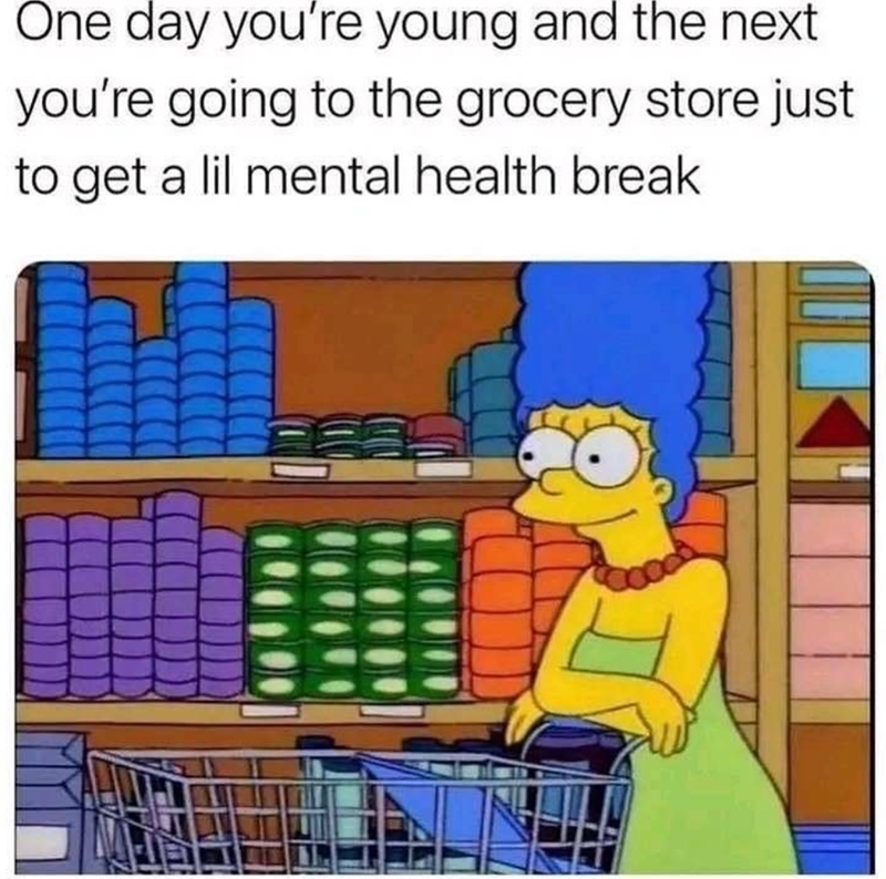One day you're young and the next you're going to the grocery store just to get a lil mental health break