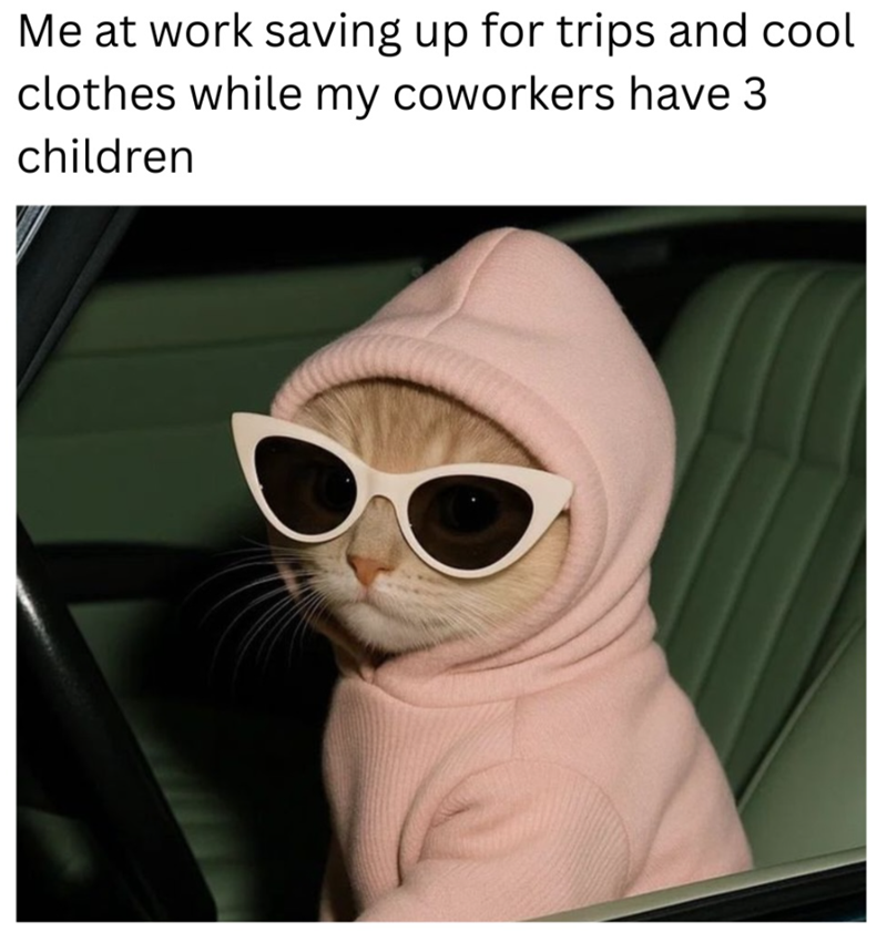 Me at work saving up for trips and cool clothes while my coworkers have 3 children