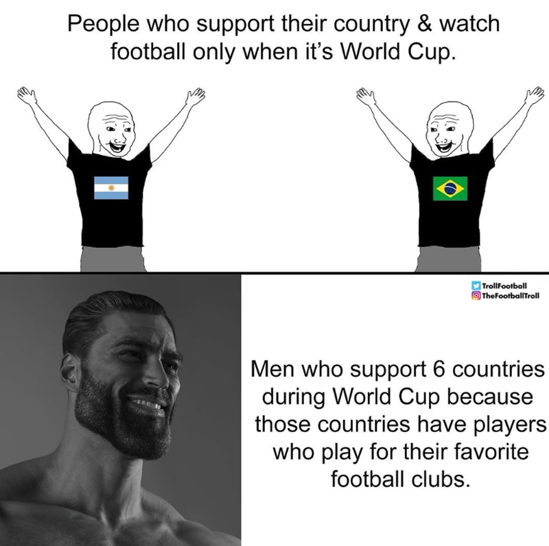 People who support their country & watch football only when it's World Cup. TrollFootball TheFootballTroll Men who support 6 countries during World Cup because those countries have players who play for their favorite football clubs.