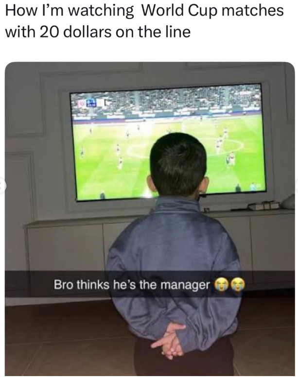 How I'm watching World Cup matches with 20 dollars on the line Bro thinks he's the manager