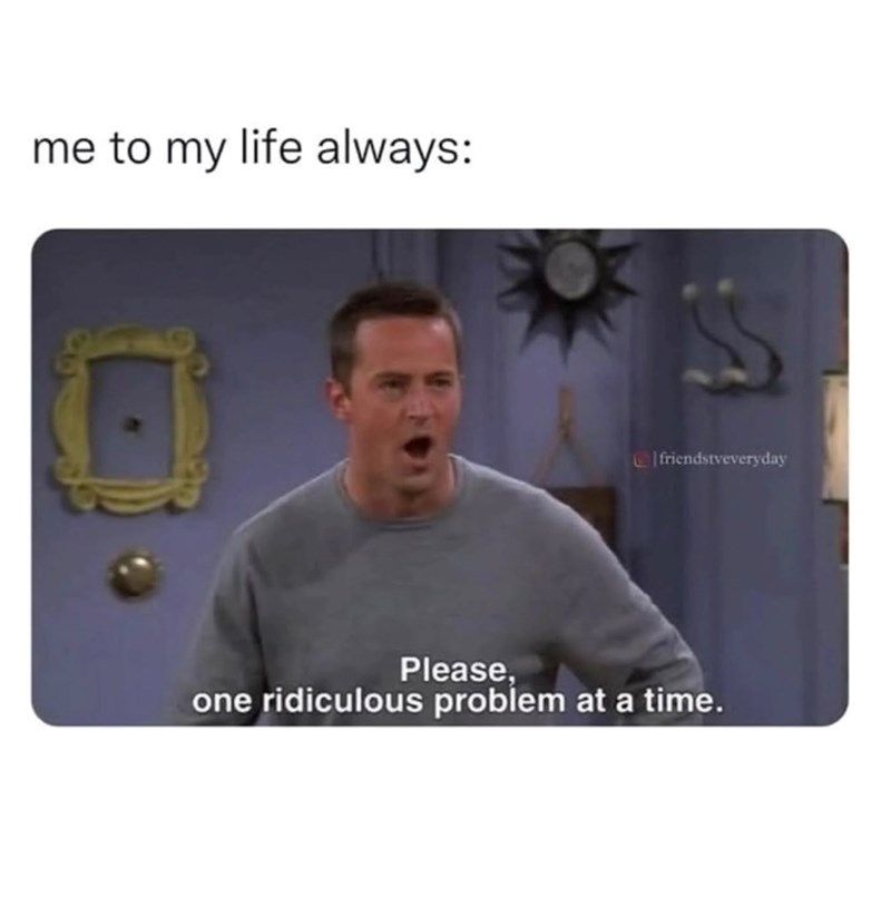 me to my life always: SS friendstveveryday Please, one ridiculous problem at a time.