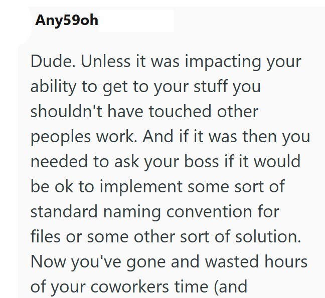 Any590h Dude. Unless it was impacting your ability to get to your stuff you shouldn't have touched other peoples work. And if it was then you needed to ask your boss if it would be ok to implement some sort of standard naming convention for files or some other sort of solution. Now you've gone and wasted hours of your coworkers time (and