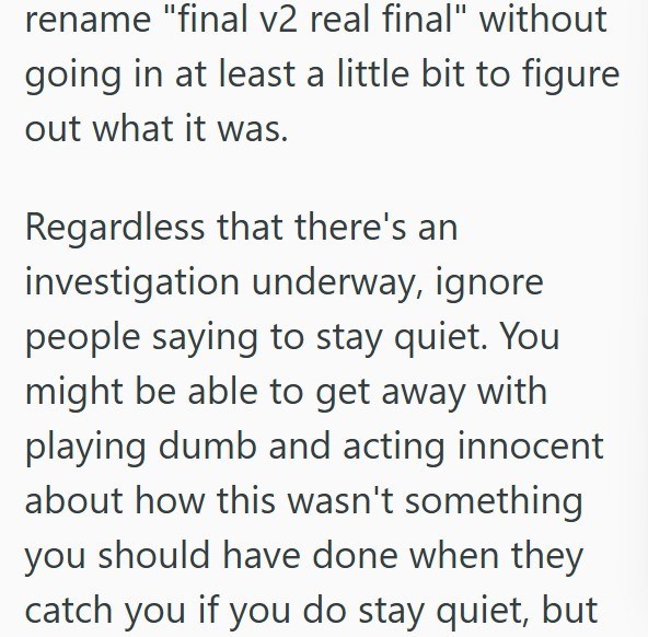 rename "final v2 real final" without going in at least a little bit to figure out what it was. Regardless that there's an investigation underway, ignore people saying to stay quiet. You might be able to get away with playing dumb and acting innocent about how this wasn't something you should have done when they catch you if you do stay quiet, but