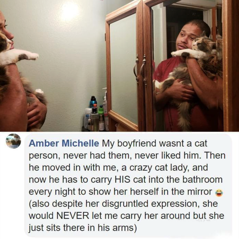 Amber Michelle My boyfriend wasnt a cat person, never had them, never liked him. Then he moved in with me, a crazy cat lady, and now he has to carry HIS cat into the bathroom every night to show her herself in the mirror → (also despite her disgruntled expression, she would NEVER let me carry her around but she just sits there in his arms)