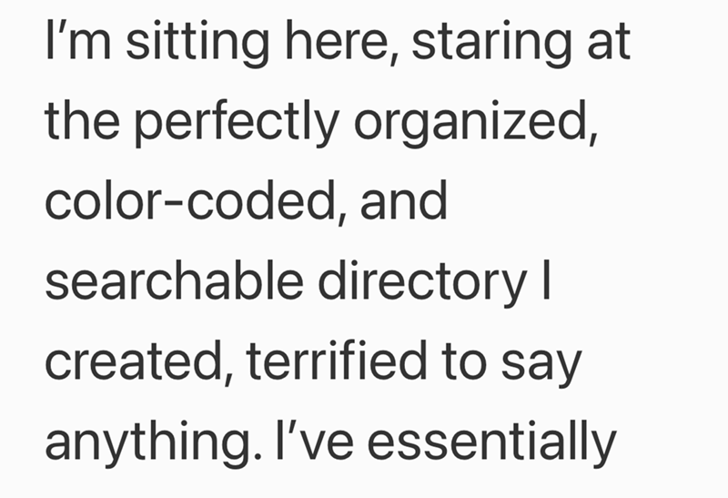 I'm sitting here, staring at the perfectly organized, color-coded, and searchable directory I created, terrified to say anything. I've essentially
