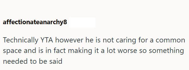 affectionateanarchy8 Technically YTA however he is not caring for a common space and is in fact making it a lot worse so something needed to be said