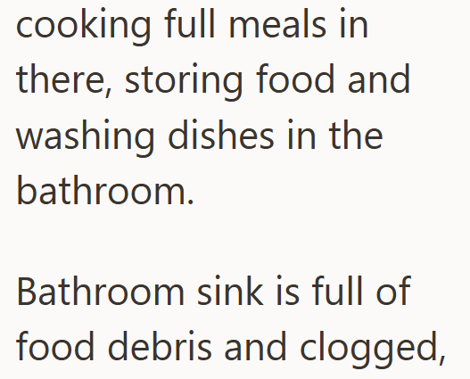 cooking full meals in there, storing food and washing dishes in the bathroom. Bathroom sink is full of food debris and clogged,
