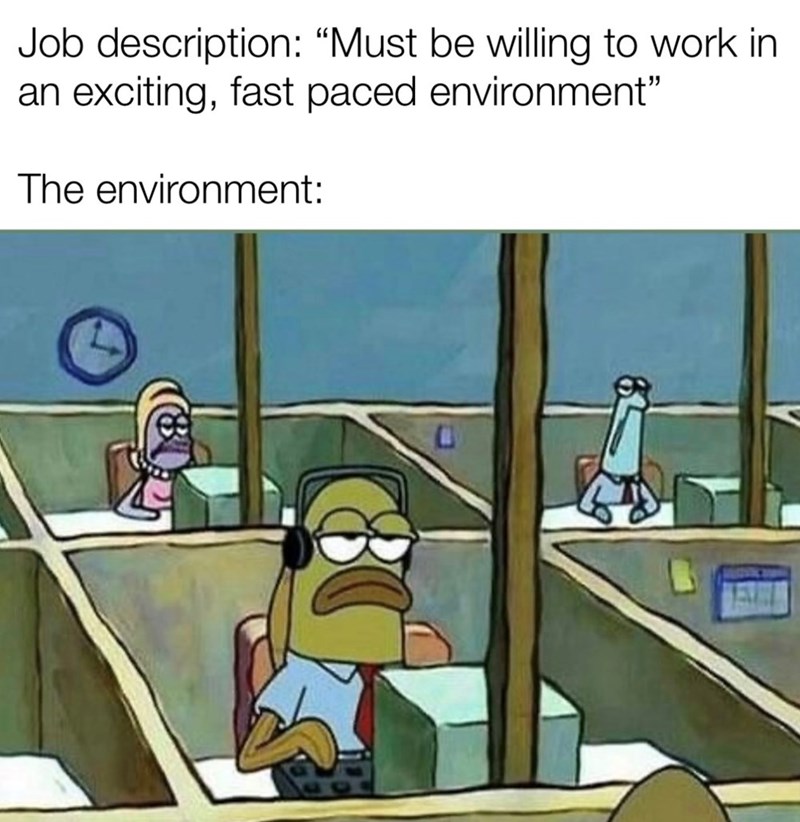 Job description: "Must be willing to work in an exciting, fast paced environment" The environment: