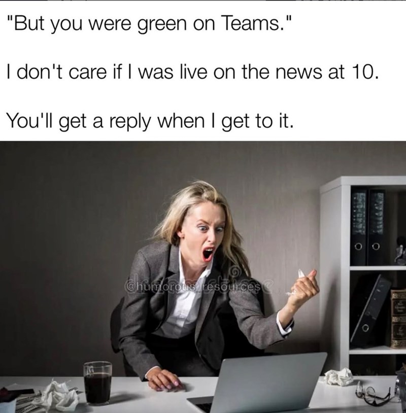 "But you were green on Teams." I don't care if I was live on the news at 10. You'll get a reply when I get to it. @humorous resources Chuniorous resources MOUNT O