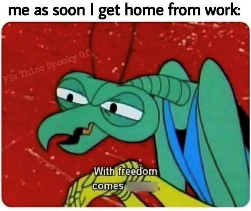 me as soon I get home from work: FB: Thicc Spooky Of. With freedom comes