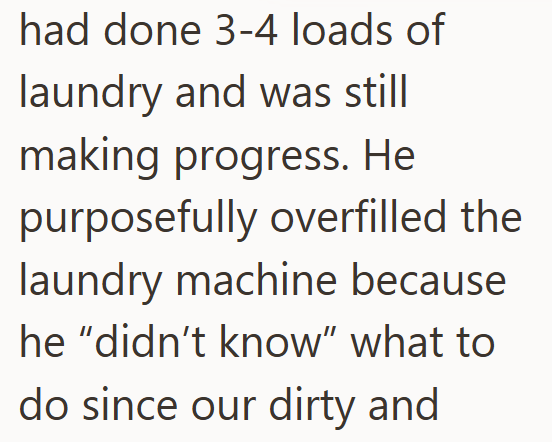 had done 3-4 loads of laundry and was still making progress. He purposefully overfilled the laundry machine because he "didn't know" what to do since our dirty and