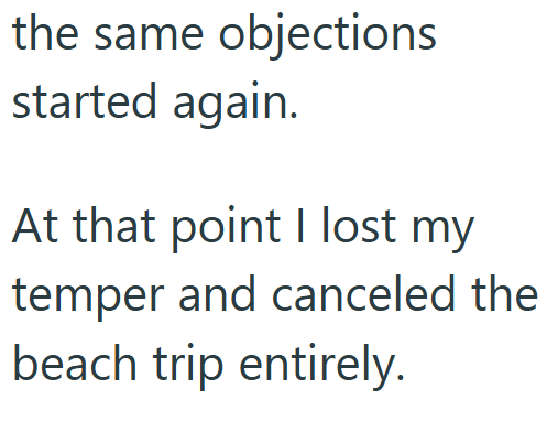the same objections started again. At that point I lost my temper and canceled the beach trip entirely.