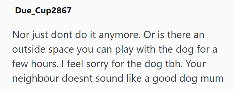 Due_Cup2867 Nor just dont do it anymore. Or is there an outside space you can play with the dog for a few hours. I feel sorry for the dog tbh. Your neighbour doesnt sound like a good dog mum