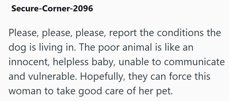 Secure-Corner-2096 Please, please, please, report the conditions the dog is living in. The poor animal is like an innocent, helpless baby, unable to communicate and vulnerable. Hopefully, they can force this woman to take good care of her pet.