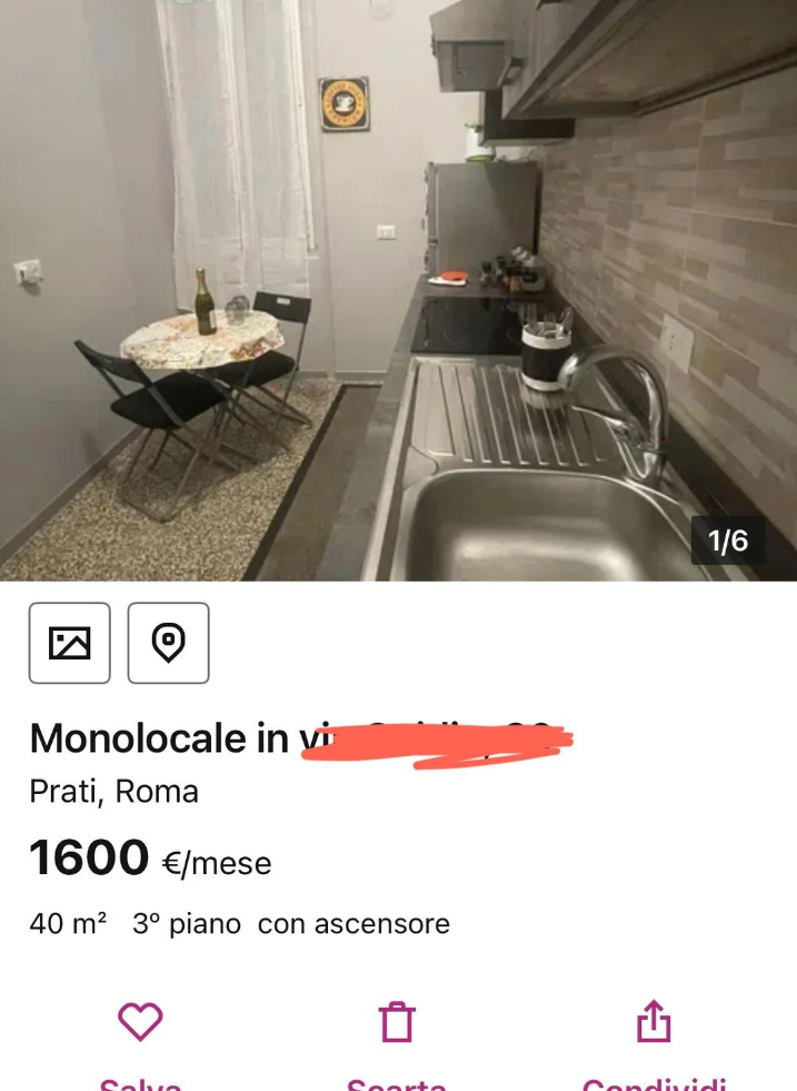 ☑ O Monolocale in vi Prati, Roma 1600 €/mese 40 m² 3° piano con ascensore 1/6 ← Selve Searte Condividi