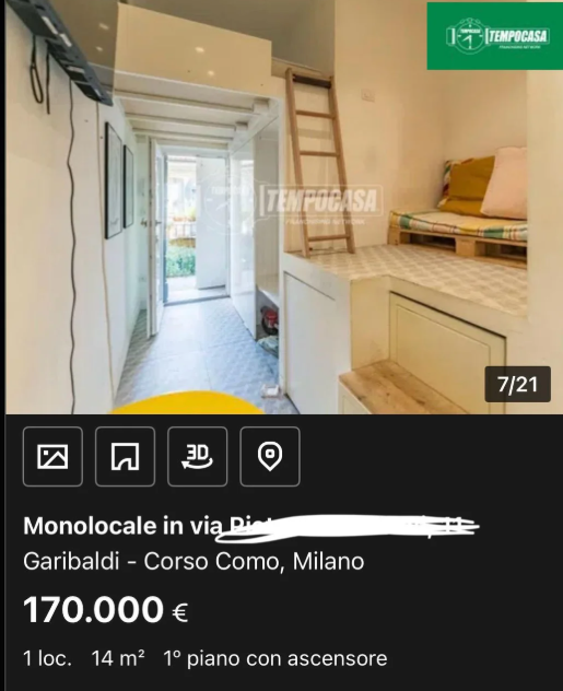 囚 Д 3D, TEMPOCASA Monolocale in via Diet Garibaldi Corso Como, Milano 170.000 € 1 loc. 14 m² 1° piano con ascensore TEMPOCASA 7/21