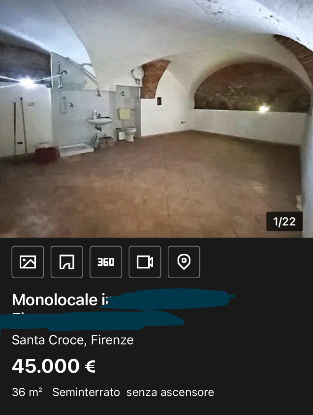 ☑ ☑ 360 © Monolocale i Santa Croce, Firenze 45.000 € 36 m² Seminterrato senza ascensore 1/22