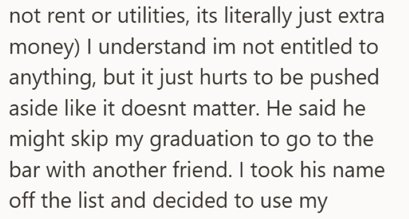 not rent or utilities, its literally just extra money) I understand im not entitled to anything, but it just hurts to be pushed aside like it doesnt matter. He said he might skip my graduation to go to the bar with another friend. I took his name off the list and decided to use my