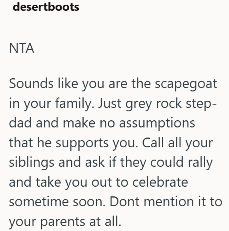desertboots NTA Sounds like you are the scapegoat in your family. Just grey rock step- dad and make no assumptions that he supports you. Call all your siblings and ask if they could rally and take you out to celebrate sometime soon. Dont mention it to your parents at all.