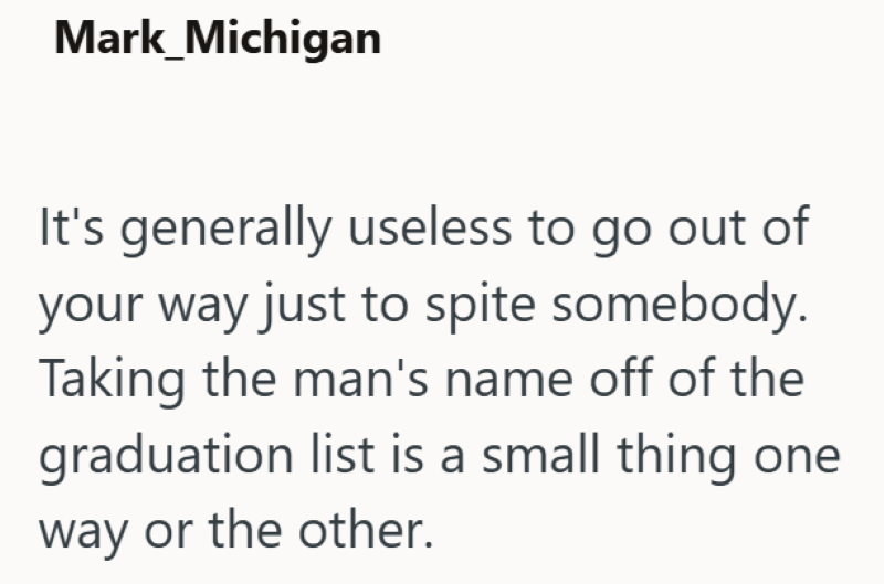 Mark_Michigan It's generally useless to go out of your way just to spite somebody. Taking the man's name off of the graduation list is a small thing one way or the other.