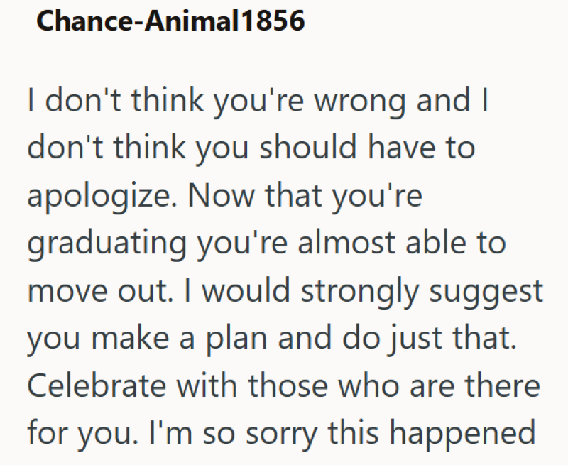 Chance-Animal1856 I don't think you're wrong and I don't think you should have to apologize. Now that you're graduating you're almost able to move out. I would strongly suggest you make a plan and do just that. Celebrate with those who are there for you. I'm so sorry this happened
